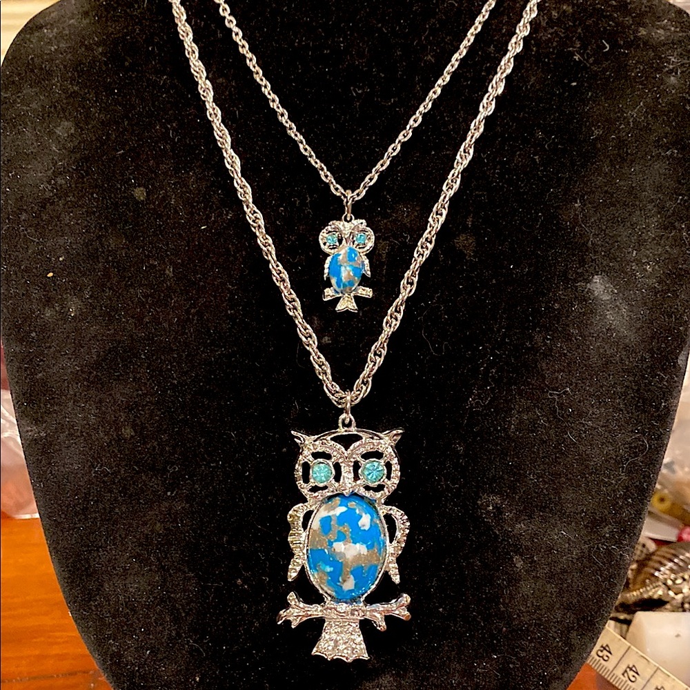 Whimsical Double Jelly Belly Owl Necklace On  A Silver Tone Double Chain